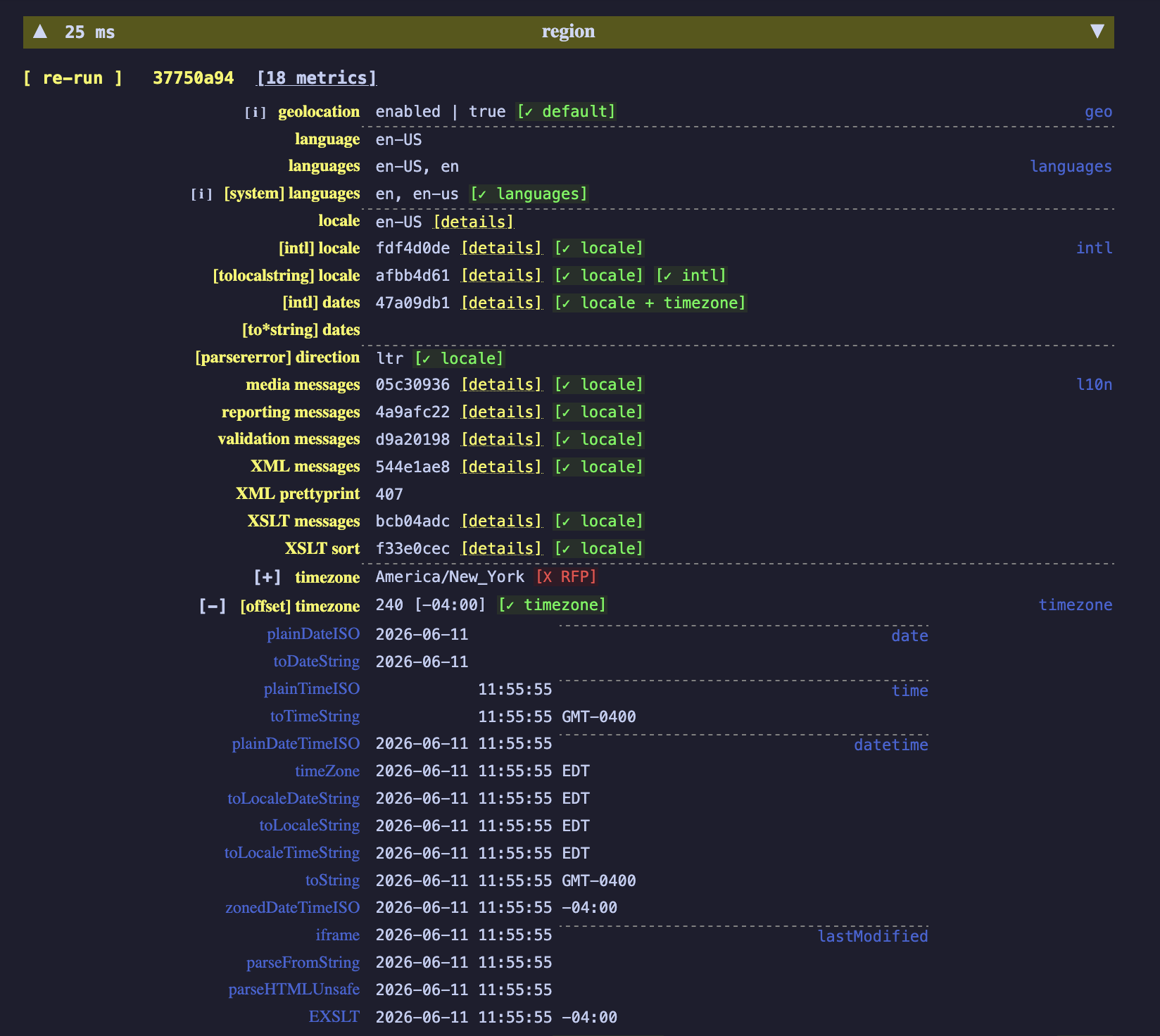 The arkenfox TZP test results showing dozens of timezone metrics to patch