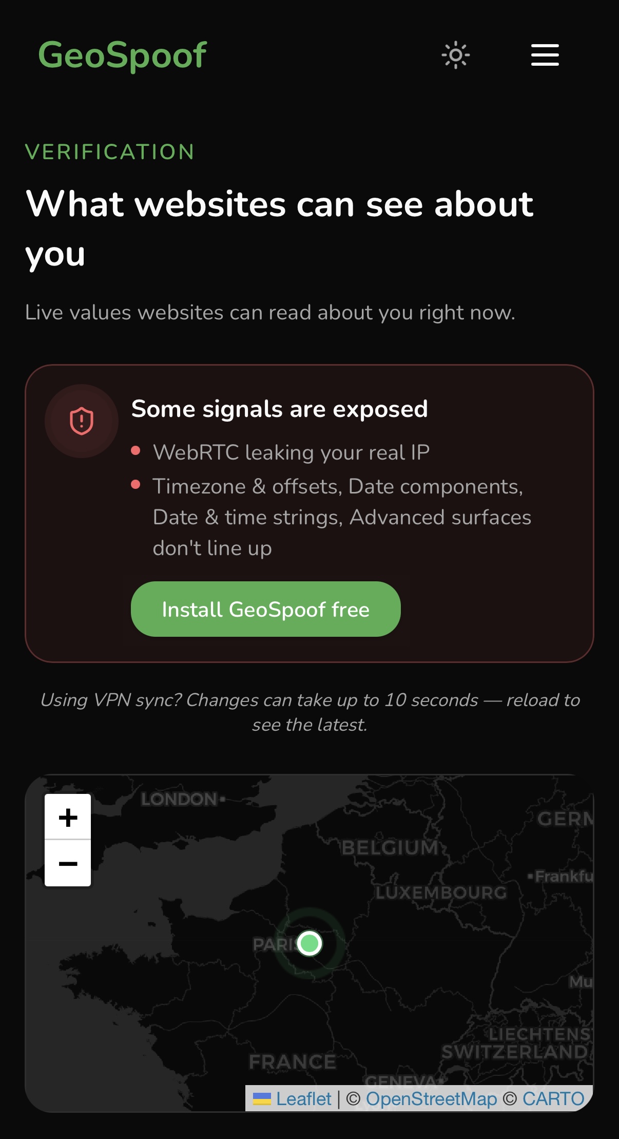 Geoceptor: The verify page summary with the extension active