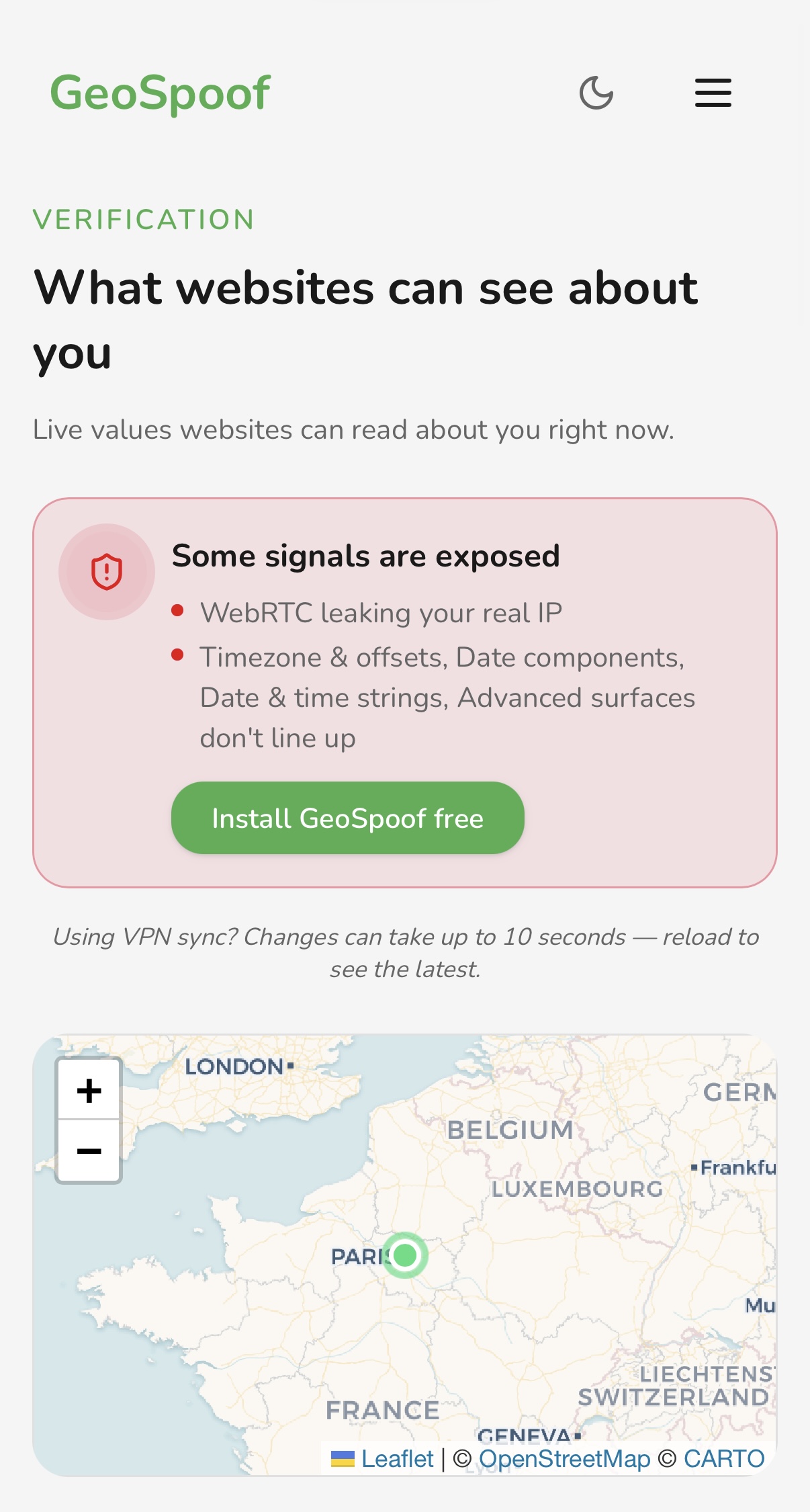 Geoceptor: The verify page summary with the extension active