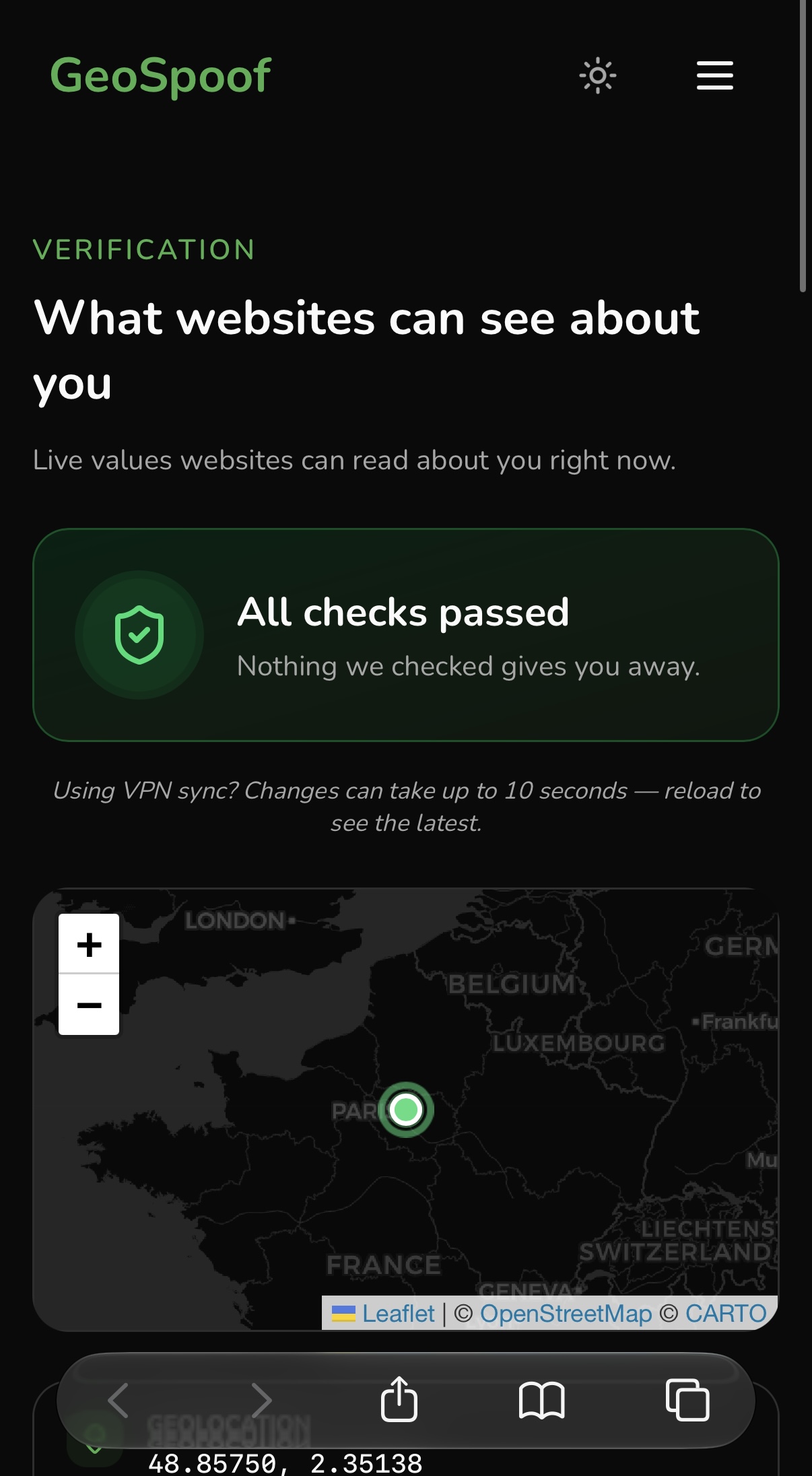 GeoSpoof: The verify page summary with the extension active