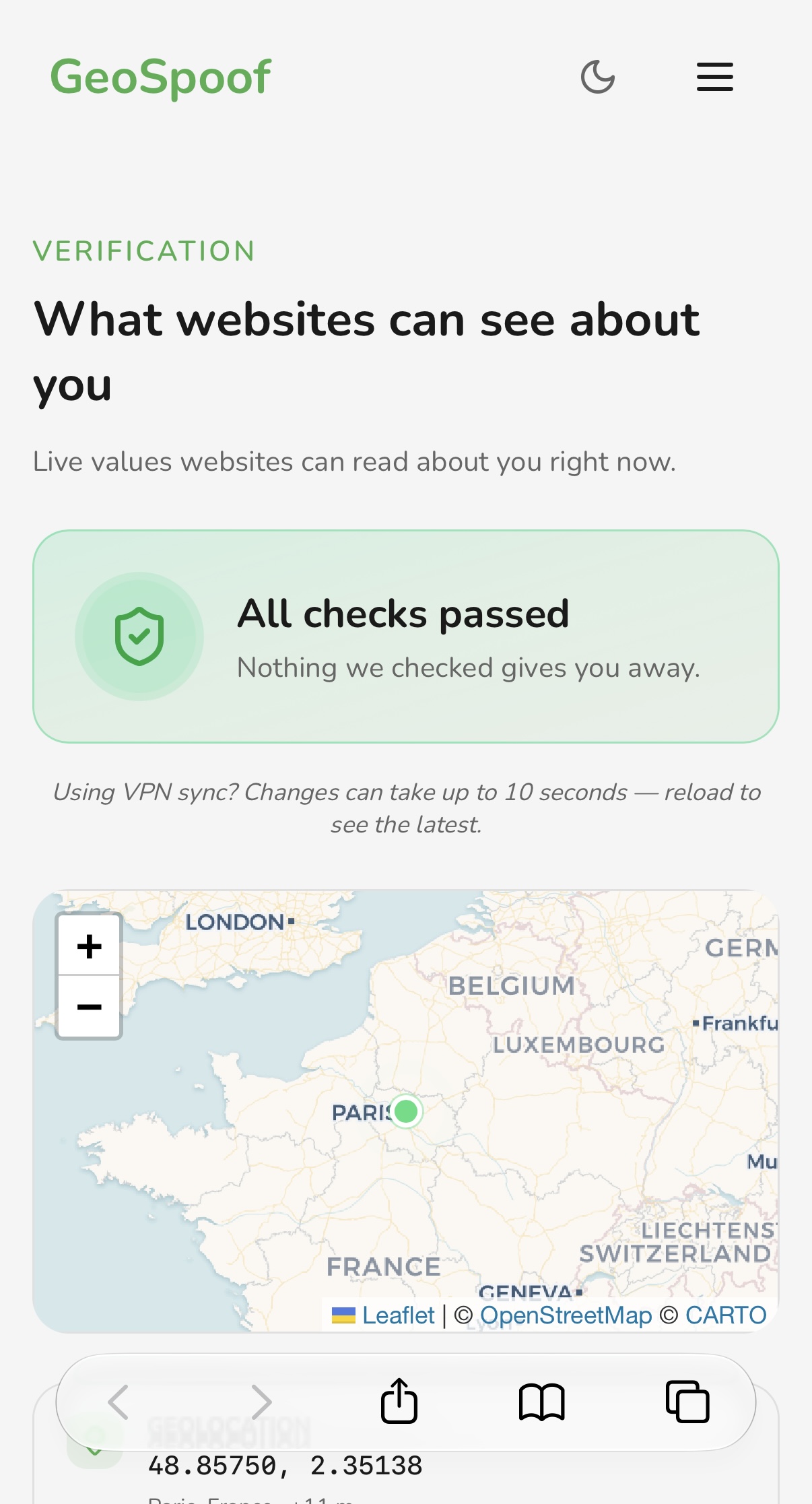 GeoSpoof: The verify page summary with the extension active