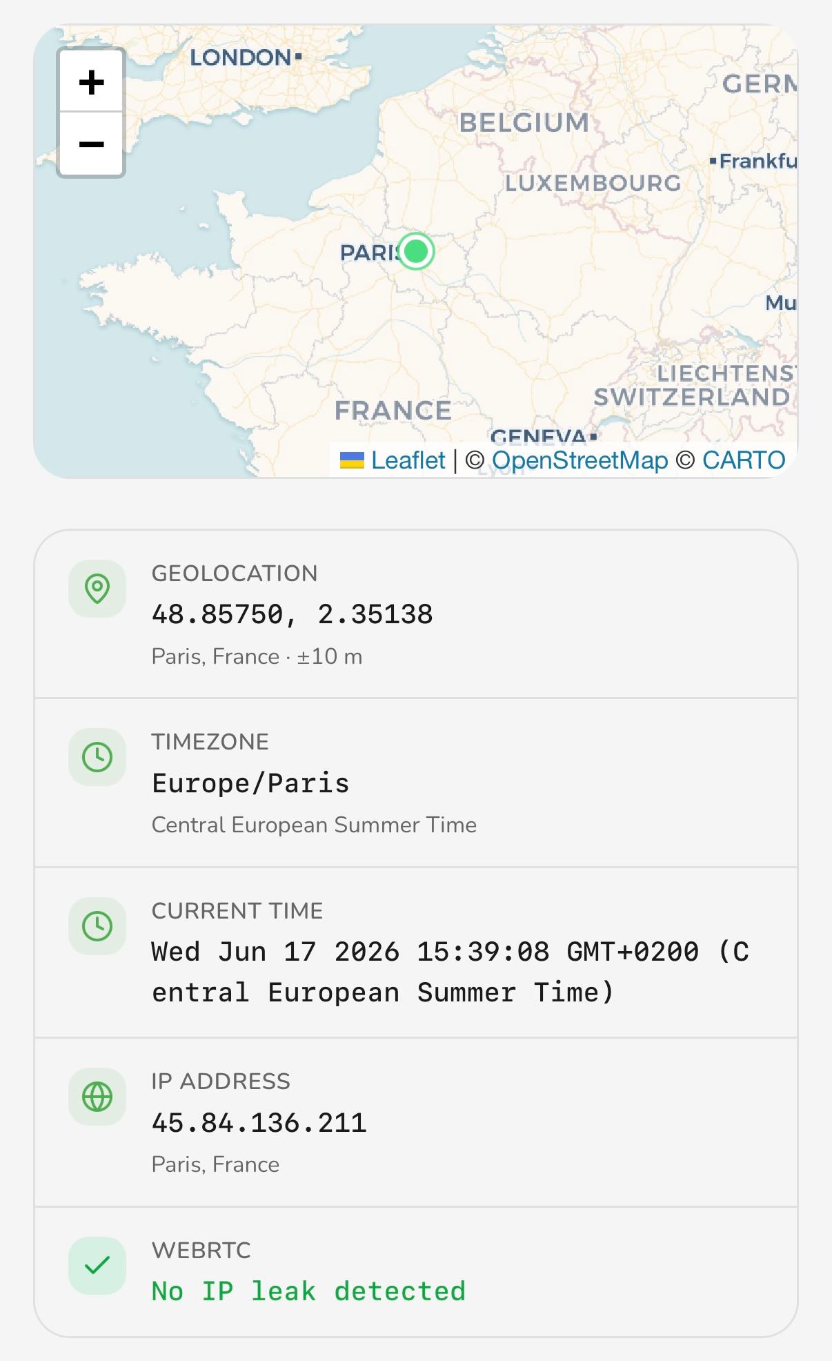 GeoSpoof: WebRTC probe results
