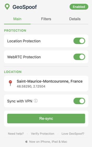 GeoSpoof: The extension popup set to the target location