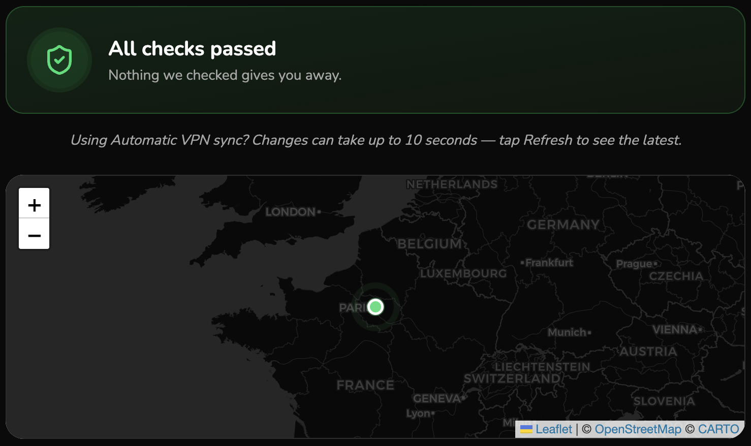 GeoSpoof: The verify page summary with the extension active