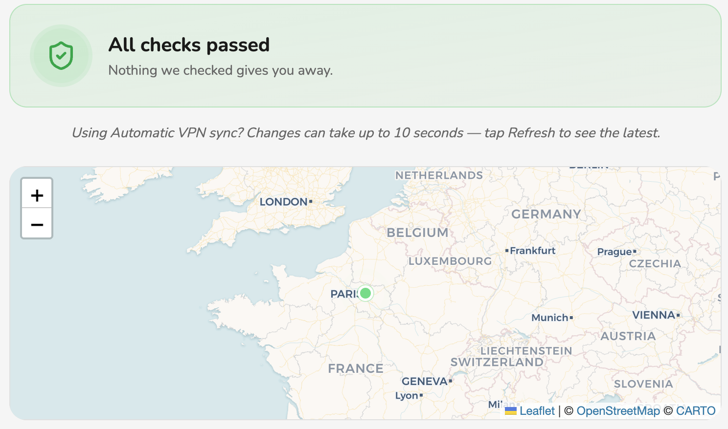 GeoSpoof: The verify page summary with the extension active
