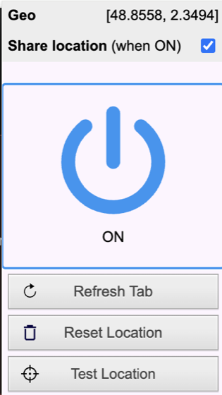 Spoof Geolocation: The extension popup set to the target location