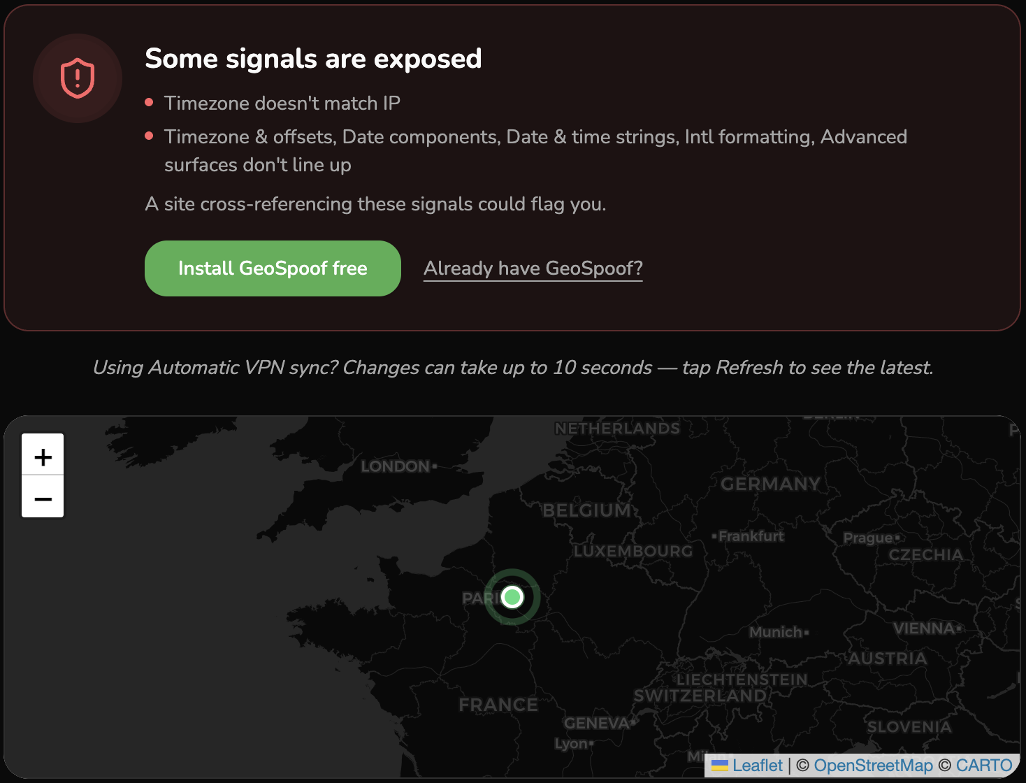 Spoof Geolocation: The verify page summary with the extension active