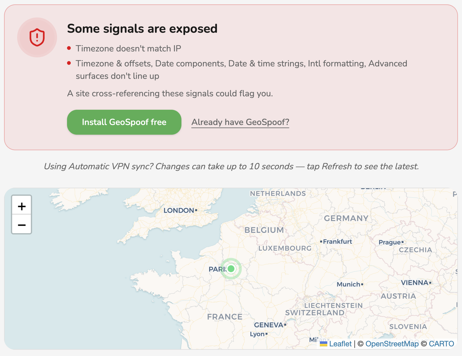 Spoof Geolocation: The verify page summary with the extension active