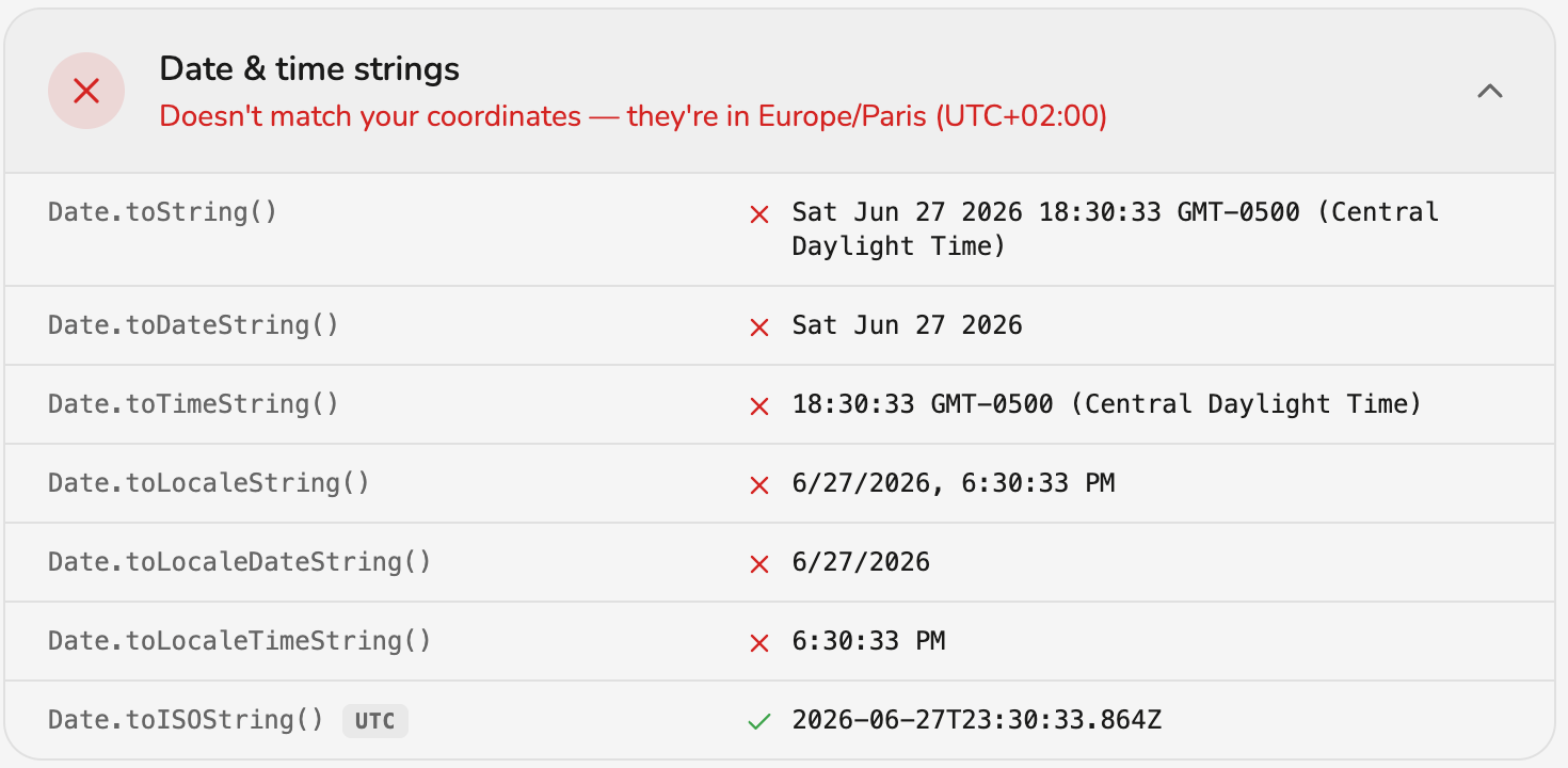 Spoof Geolocation: Date and time string method results
