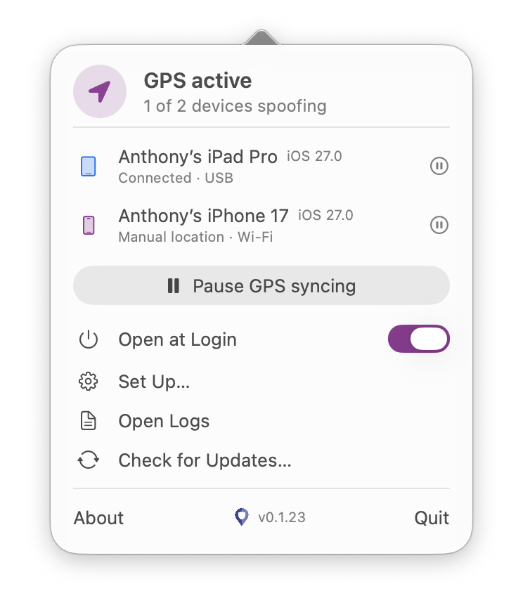 macOS 上的 GeoSpoof GPS 菜单栏应用