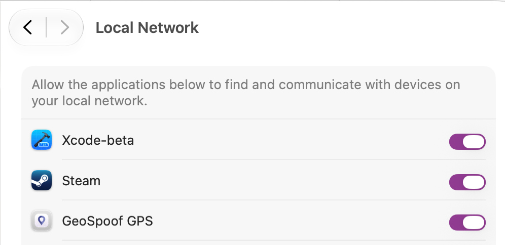 macOS System Settings, Privacy & Security ▸ Local Network, with the GeoSpoof GPS toggle switched on.