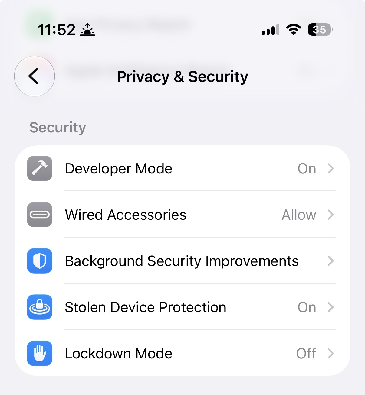 iPhone Settings, Privacy & Security ▸ Developer Mode, with the toggle switched on.