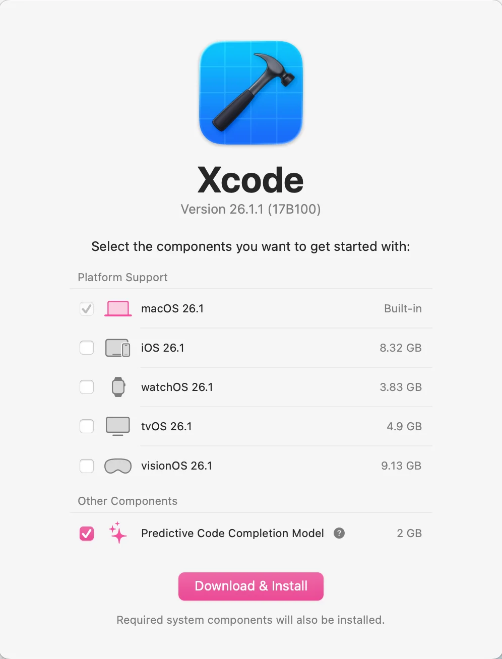 Xcode's first-launch “Select platforms to install” screen, with macOS checked and iOS and the other platforms left unchecked.