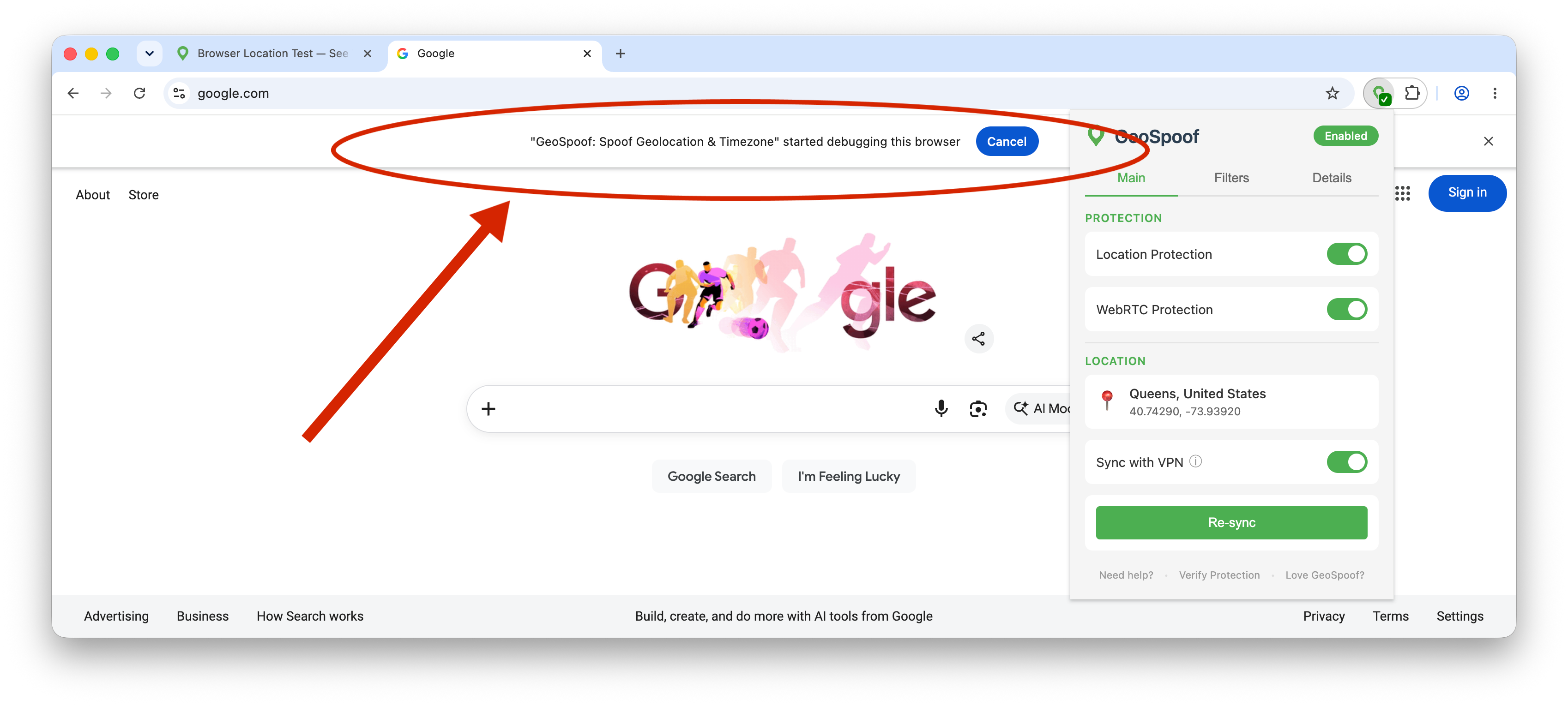 Chrome showing a “GeoSpoof started debugging this browser” notification bar at the top of the window while Engine-level Spoofing is on
