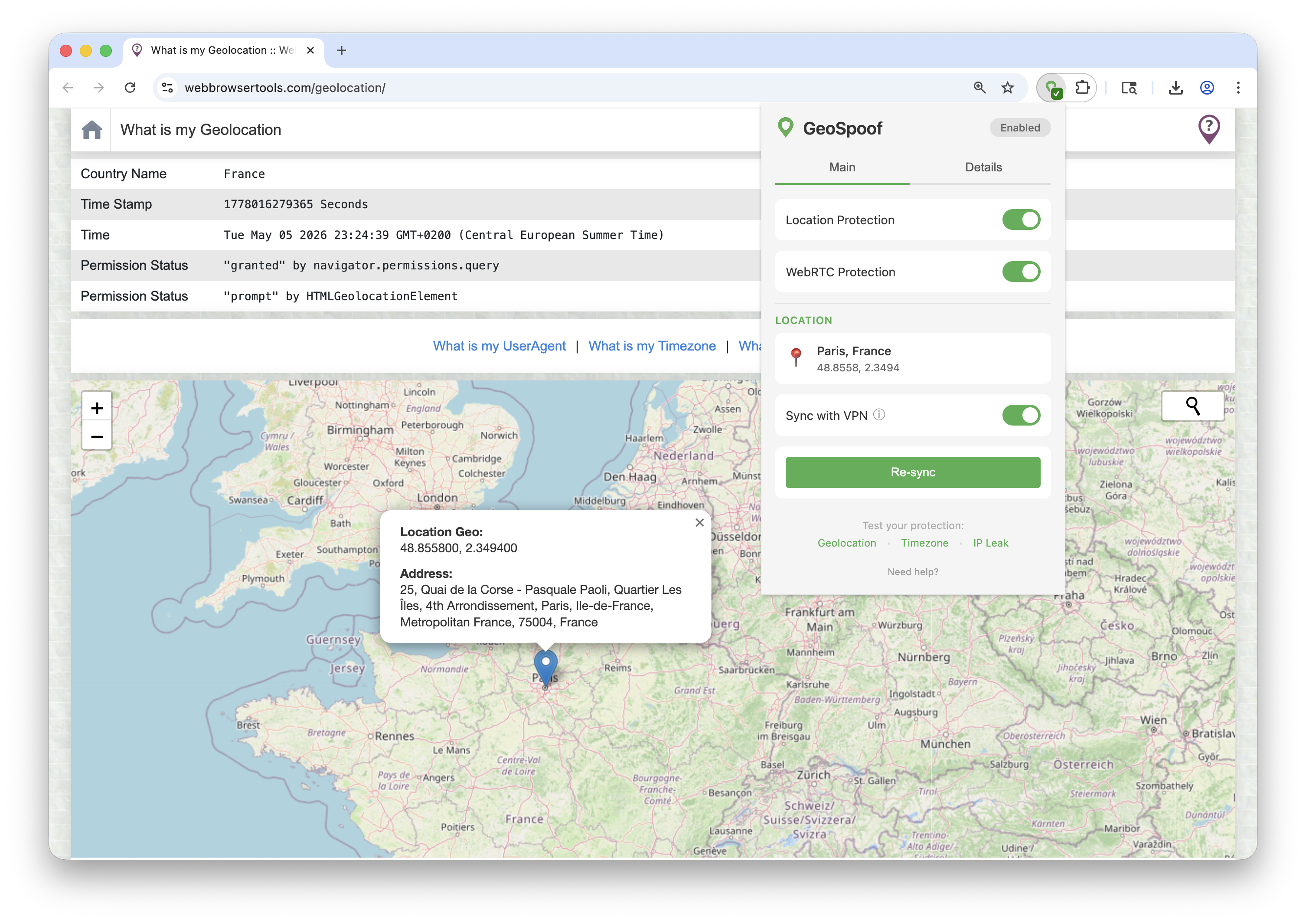 GeoSpoof browser extension running on desktop — showing location spoofing in action