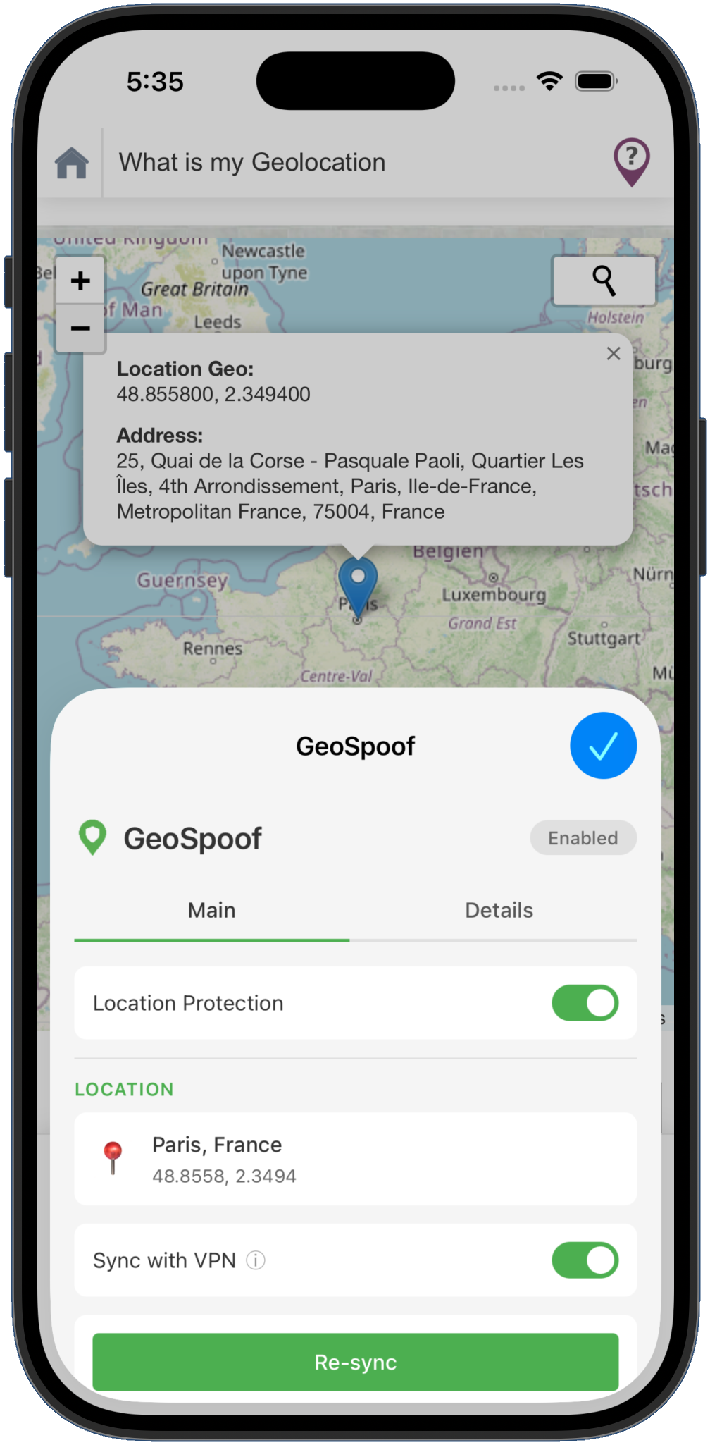 GeoSpoof app — secondary view
