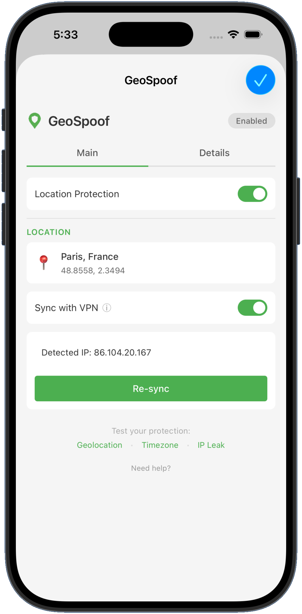 GeoSpoof app — main view