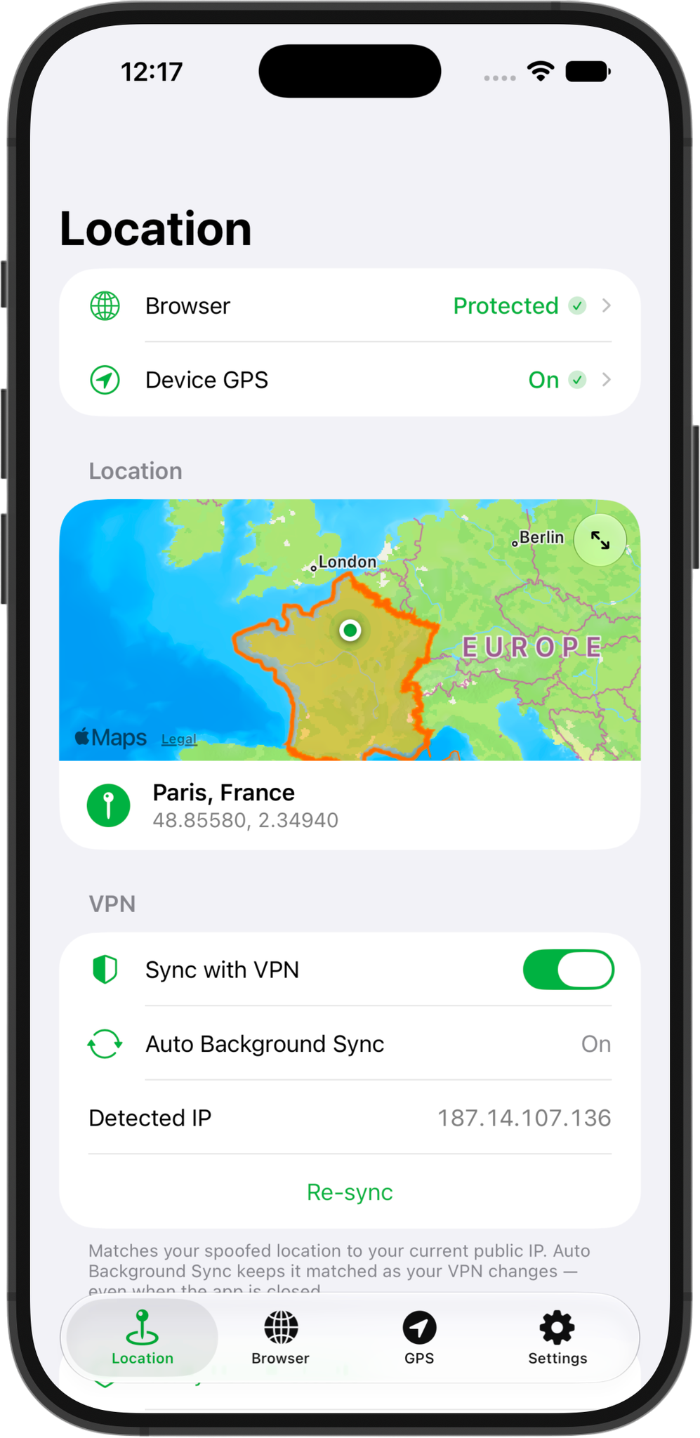GeoSpoof-App — Hauptansicht
