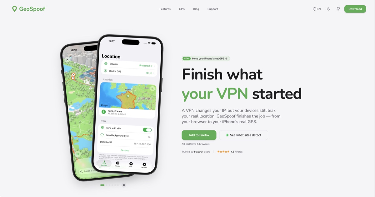 Your VPN hides your IP. GeoSpoof hides your location.