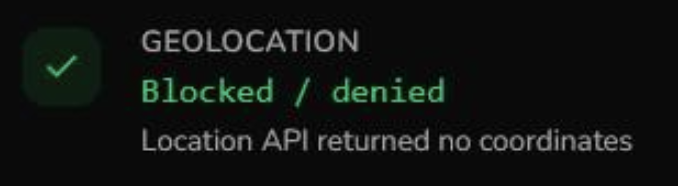 A fingerprint test result reporting "Geolocation: Denied" because Firefox blocked the location request