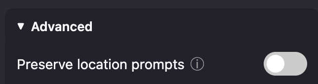 The GeoSpoof popup with the "Preserve location prompts" toggle turned off