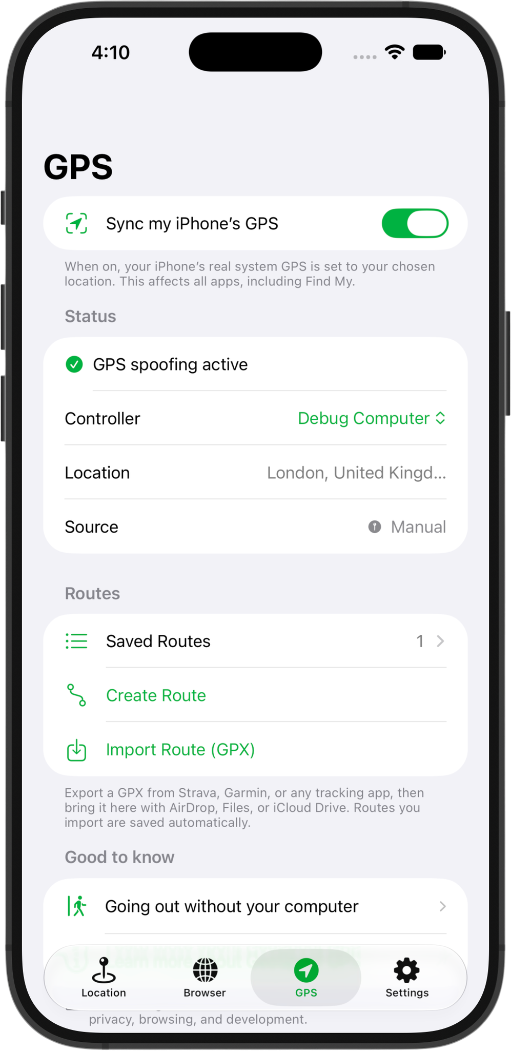 GeoSpoof GPS on iPhone, screenshot 1