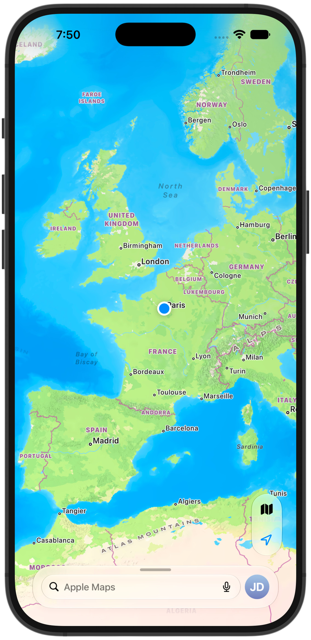 Apple Maps on iPhone showing the device located in Paris, with no GeoSpoof interface on screen.